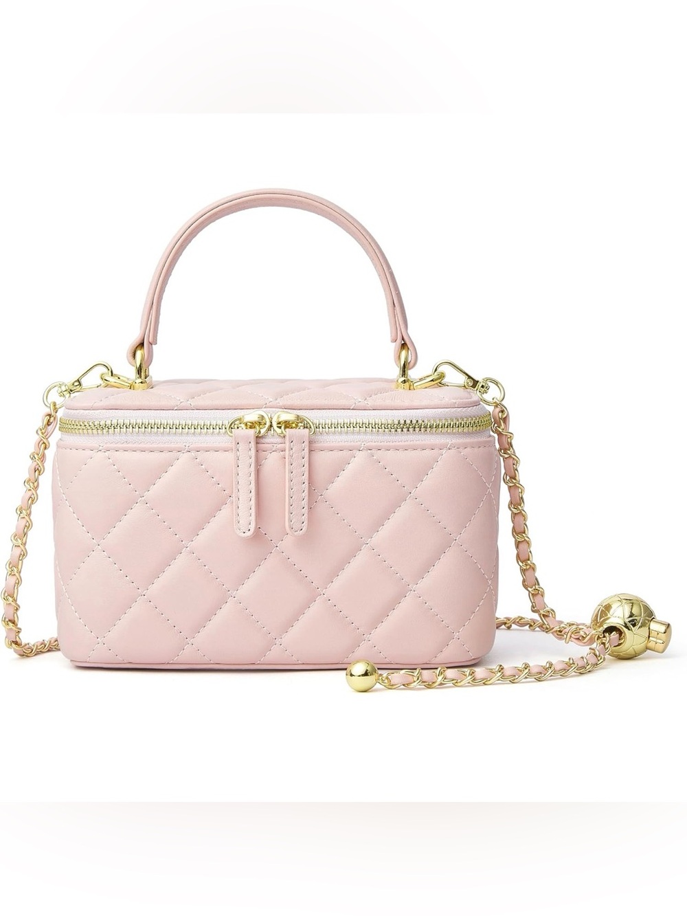 Genuine Lambskin Leather Quilted Vanity Crossbody Bag Light Pink Pastel Gold